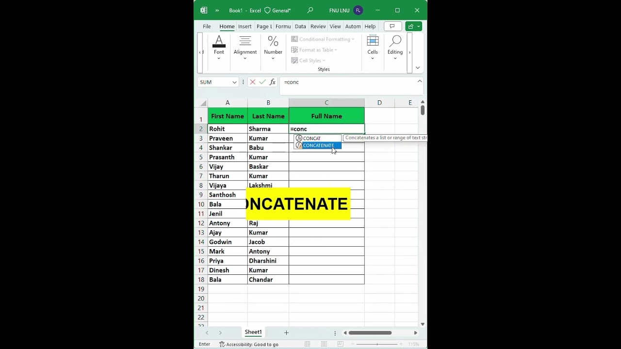 How to Combine First Name and Last Name in Excel