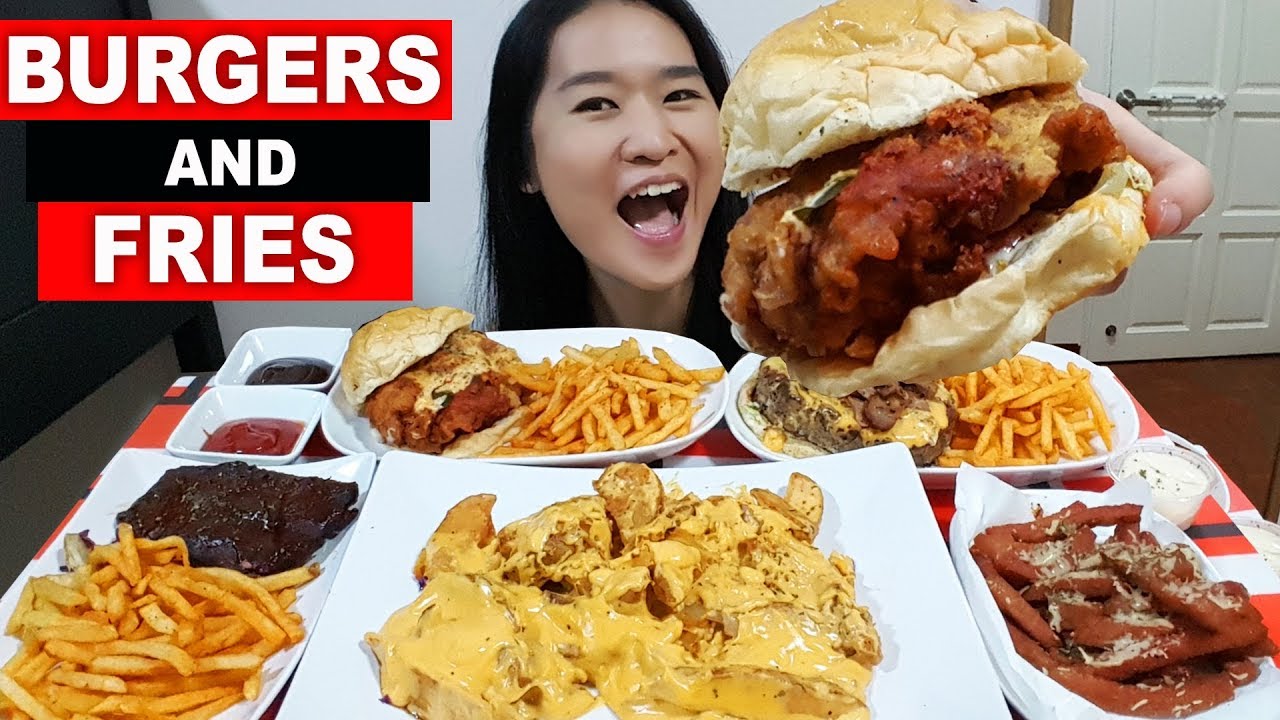 BURGERS & FRIES FEAST! BBQ Pork Ribs, Nacho Cheese, Spam, Beef & Fried Chicken | Eating Show Mukbang