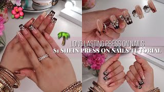 $1 SHEIN PRESS ON NAILS TUTORIAL 🌺🌴 AFFORDABLE NAILS AT HOME | VACATION SQUARE FRENCH TIP NAILS