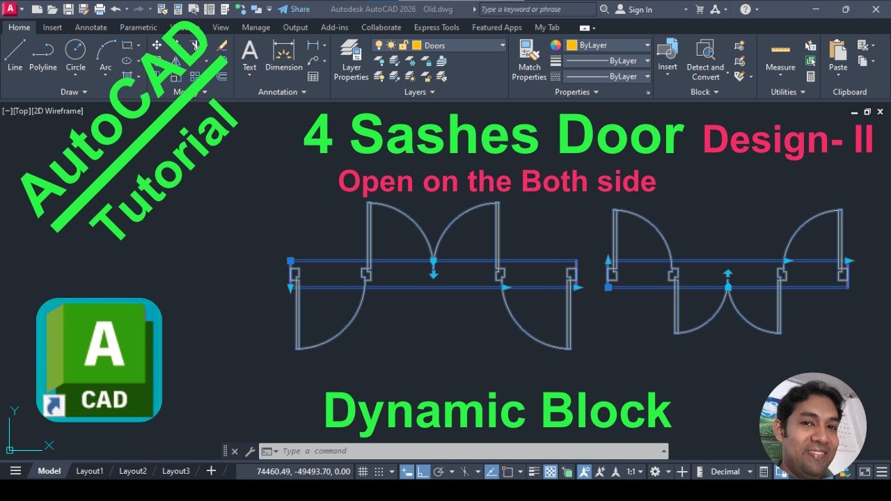 AutoCAD Dynamic Block | 4 Sashes Door Design II (Both side Swing)