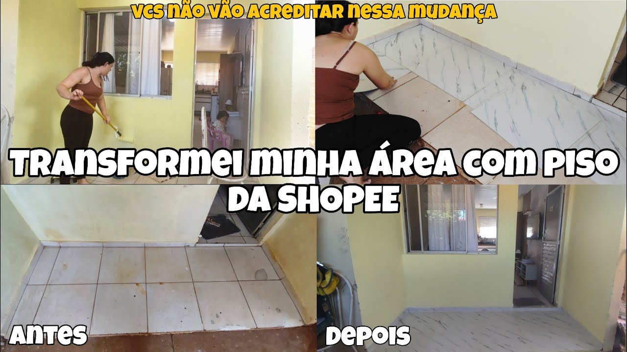 TRANSFORMAÇÃO GASTANDO POUCO/COLOQUEI O PISO DA SHOPEE NA ÁRIA+A MUDANÇA FOI GRANDA#trasformação