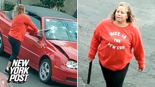 Woman smashes car with a pipe while wearing 'Nice is the new cool' sweatshirt | New York Post