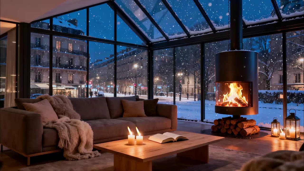Snowy Streets and Warm Firelight 🔥 Urban Glass Retreat Atmosphere