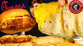 ASMR MUKBANG CHIPOTLE GIANT BURRITO + CHICK-FiL-A CHICKEN & FRIES | WITH SAUCE & CHEESE