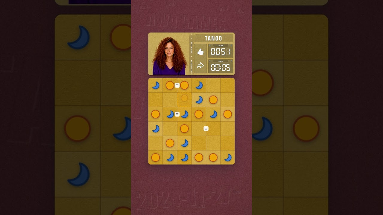 LinkedIn Tango #51 solved board for November 27, 2024, 6x6 grid