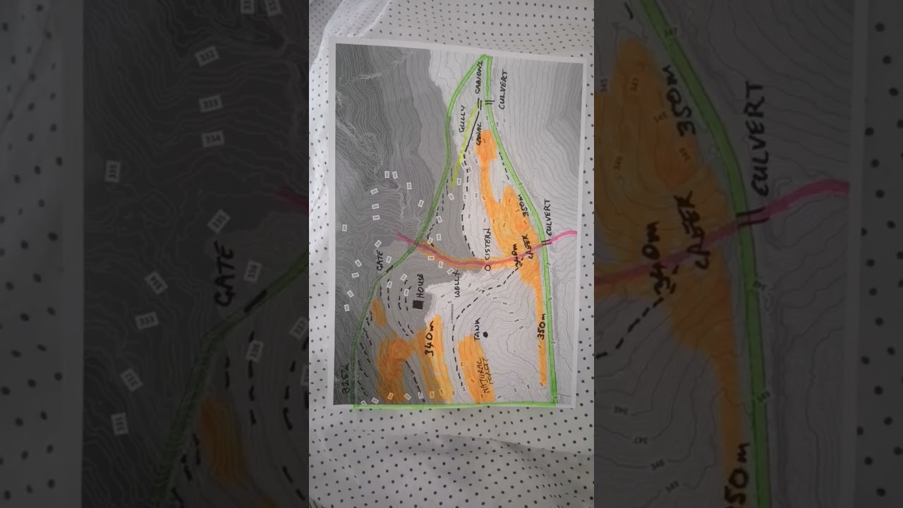 Updated map. Orange natural forests. Dotted lines the swales.