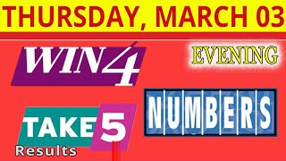 TAKE5, WIN4, NUMBERS, EVENING Lottery drawing for March 3, 2022.