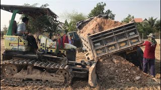 New Project 5Tone Dump Trucks Hauling Soil While Mini Bulldozer Pushes And Clears Dirt Loading