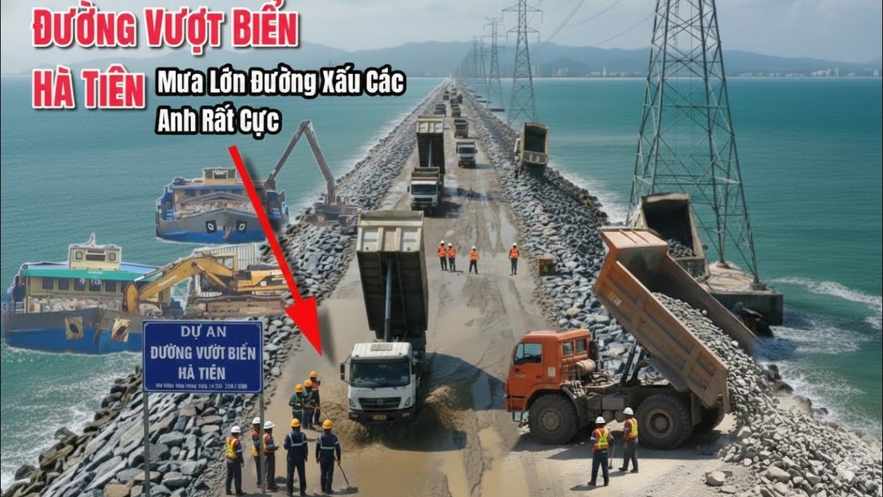 Đường Vượt Biển Hà Tiên-Xe Cuốc Làm Việc Tốc Độ Chuyển Đá Trên Sà Lan Xuống Biển