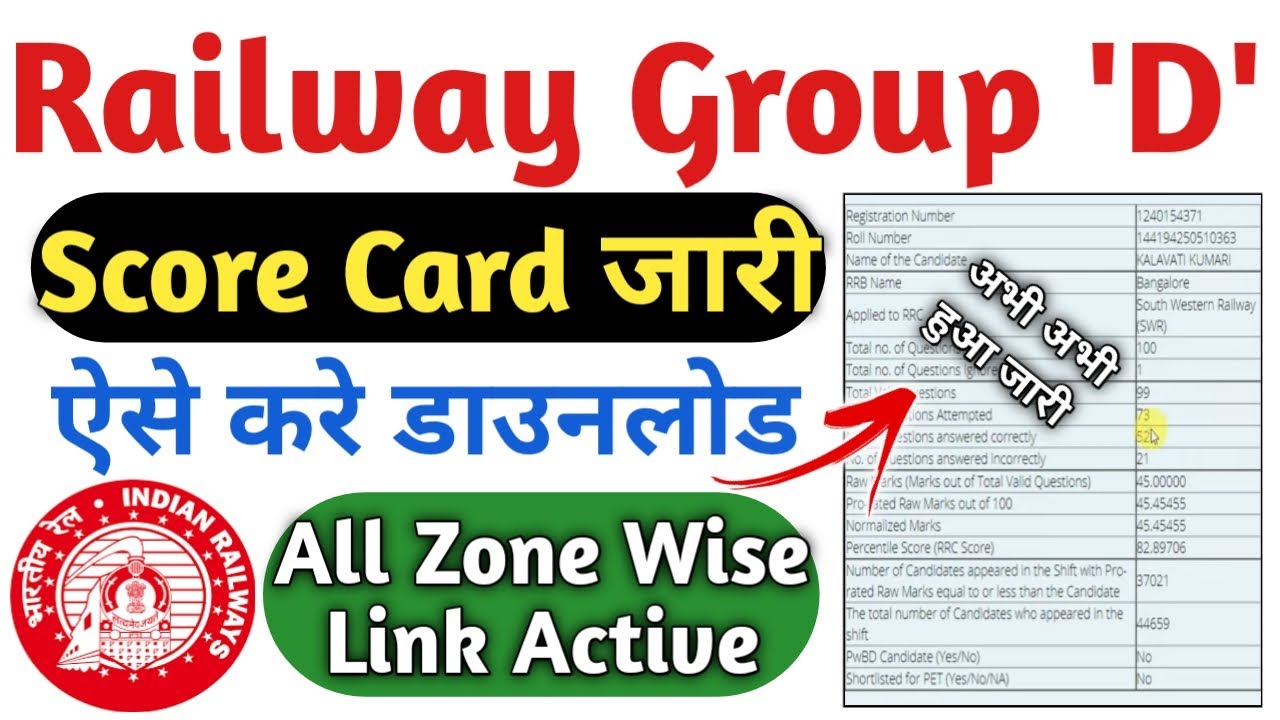 Railway Group D Score Card 2022 RRB Group D Score Card 2022 RRB