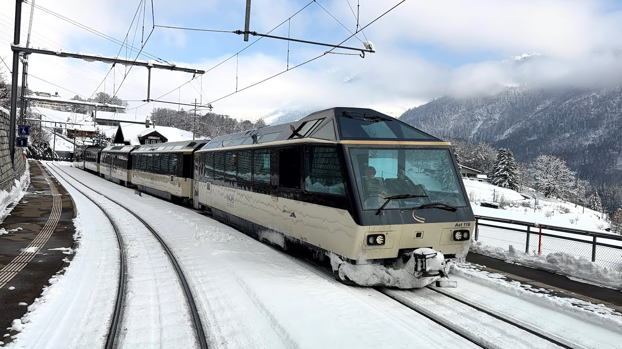 ❄️ Winter Cab view - Les Avants to Château-d'Oex Switzerland | Goldenpass MOB railway | 4K HDR