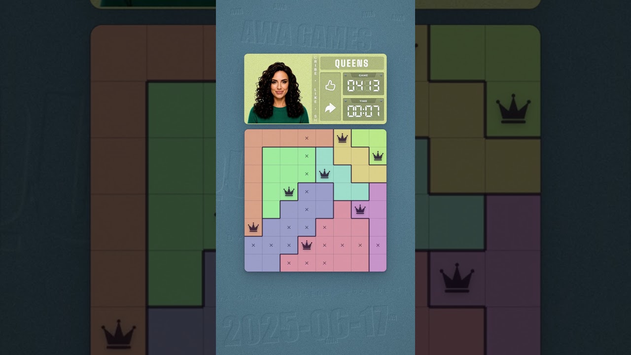 LinkedIn Queens #413 solved board for June 17, 2025, 8x8 grid