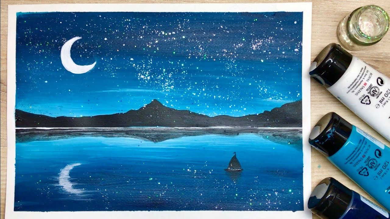 Ep.48 A Glittery Lake Scenery Painting Tutorial | สอนวาด"ทะเลสาบ" โรย"กากเพชร"ระยิบระยับ