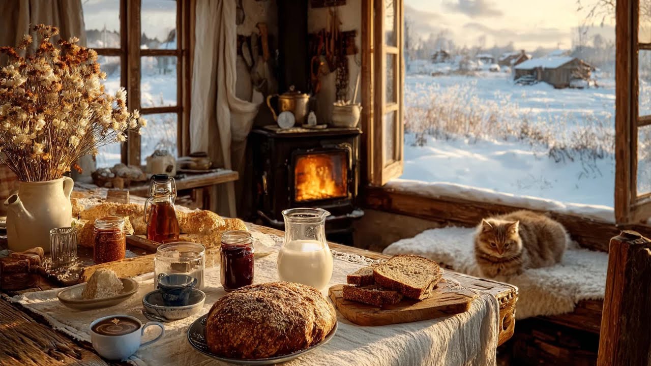 Peaceful Snowy Morning With 1940s Vintage Soul Oldies Playing In Another Room For Study, Sleep