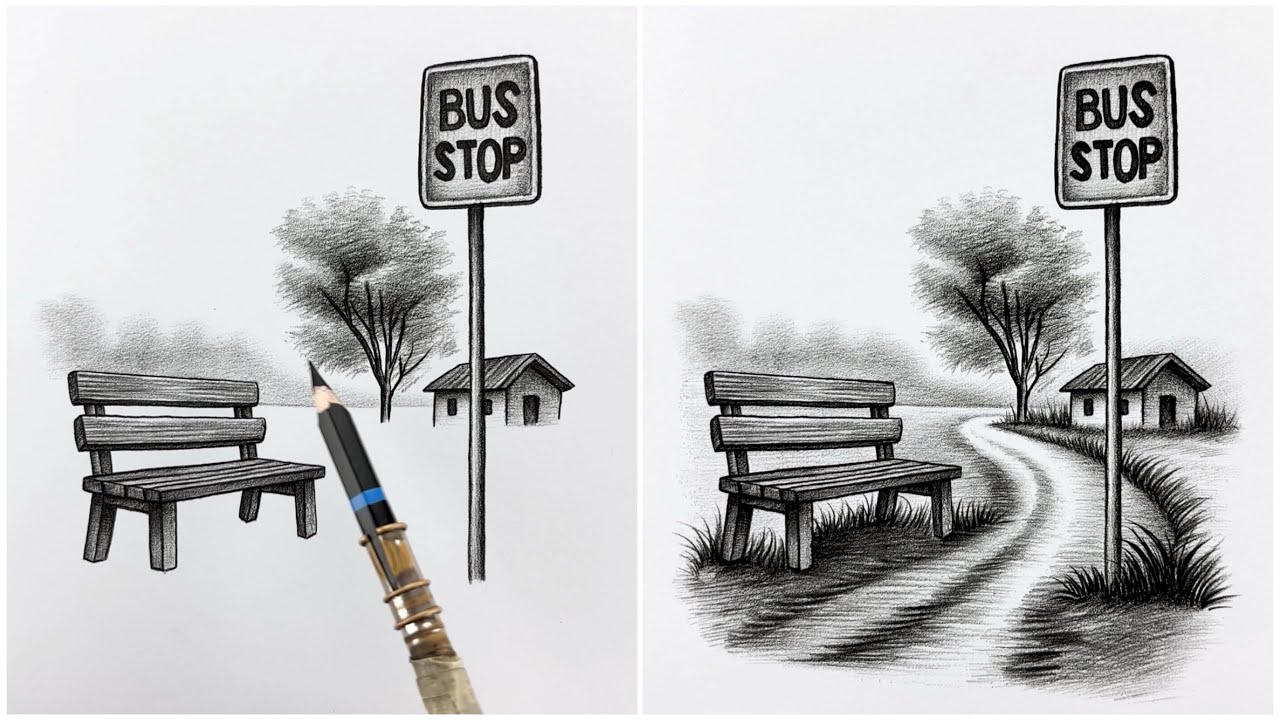 Beautiful Village Bus Stop Drawing | Pencil Sketch Tutorial - YouTube