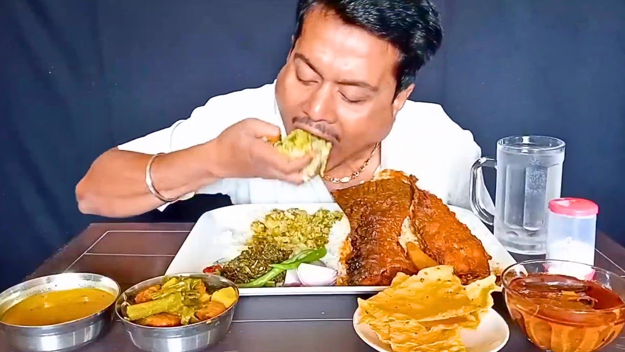 🐟Mach Begun Alu Jhal🍆🥔, Chingri Pui Shak🍤🦐, Neem Begun🍆, Kolmi Shak Bhaja😋, Mix Dal🤤 Big Bite Eating