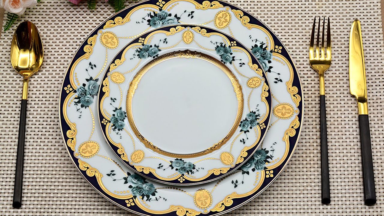 New design 9999 pure gold embossed craft dark blue porcelain dinnerware set - Karosa