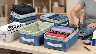 📦Make a Custom Storage Box from Old Jeans &amp; Shoe Box Washable DIY Organizer!