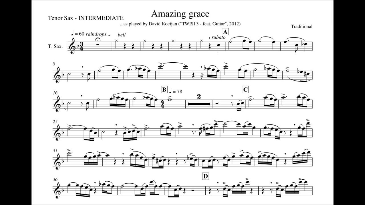 Amazing grace - INTERMEDIATE (tenor sax in Bb) SHEET MUSIC - YouTube.