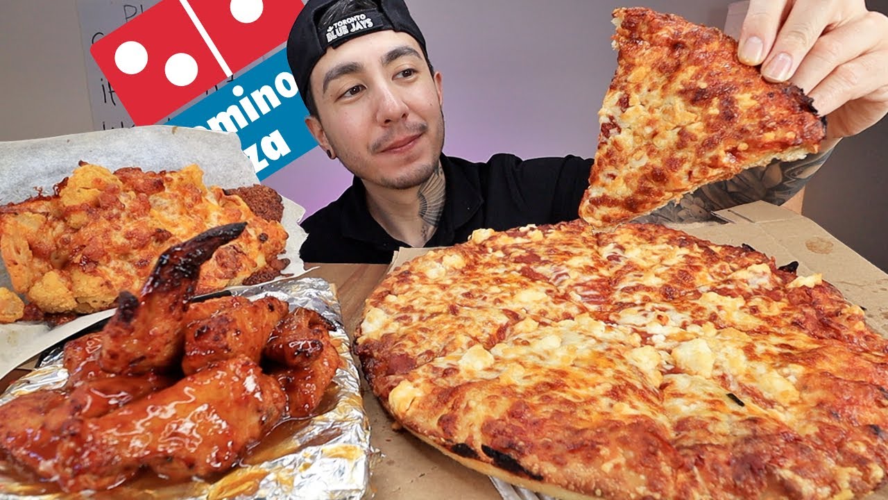 MUKBANG EATING Domino's Pizza 6 Cheese Pan Pizza, Mango Habanero Wings, Breaded Cheesy Chicken