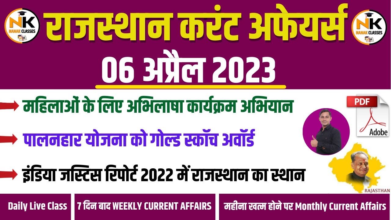 6 APRIL 2023 Rajasthan current Affairs in Hindi || RPSC, RSMSSB, RAS ...