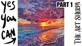 Stunning ocean Sunset clouds beach  How to paint acrylics for beginners: Part 1