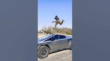 Stick flipping over Cybertruck on Extreme pogo stick Henry Cabelus