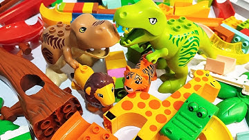 Satisfying Building Blocks Marble Run ASMR Wild animals and dinosaurs course
