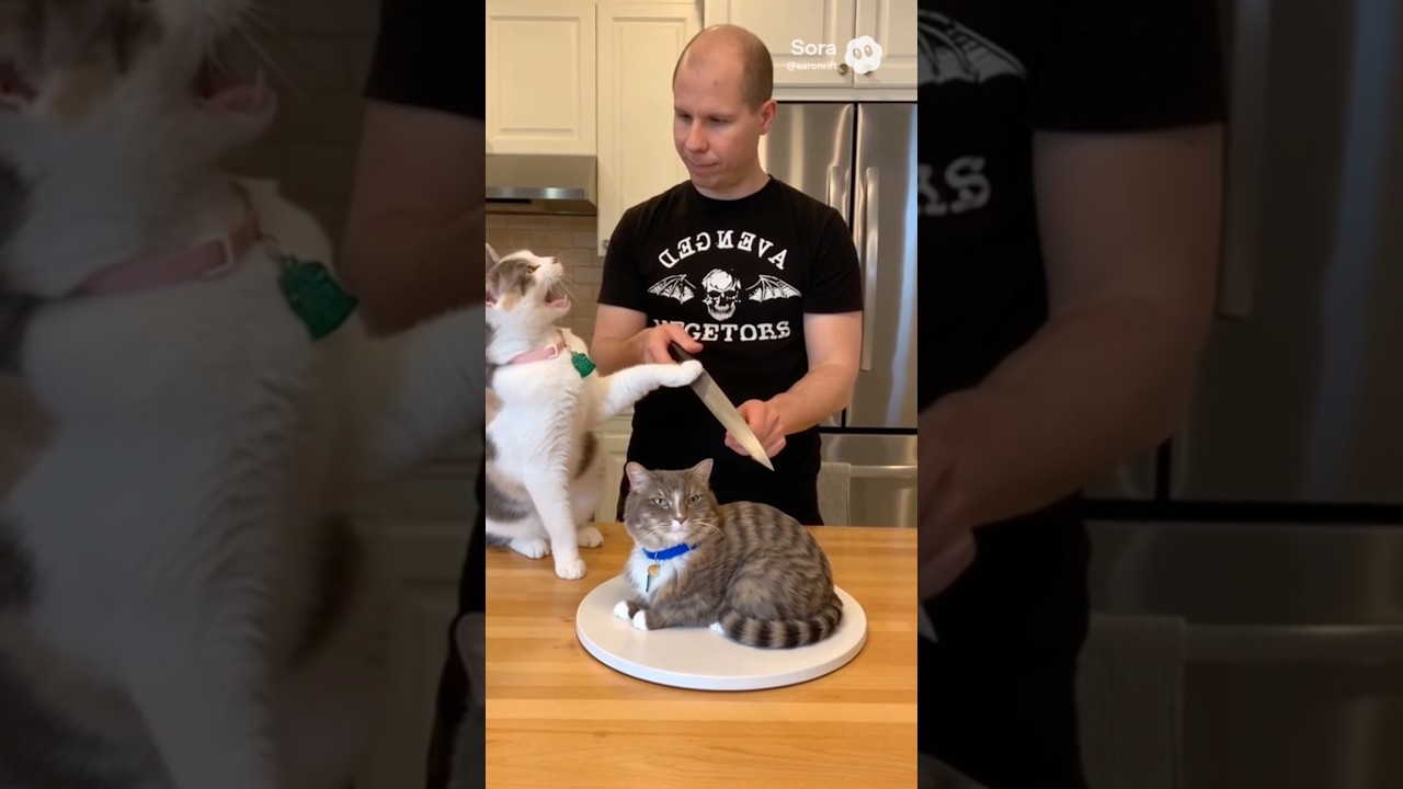 Cat doesn’t like cat cake being cut