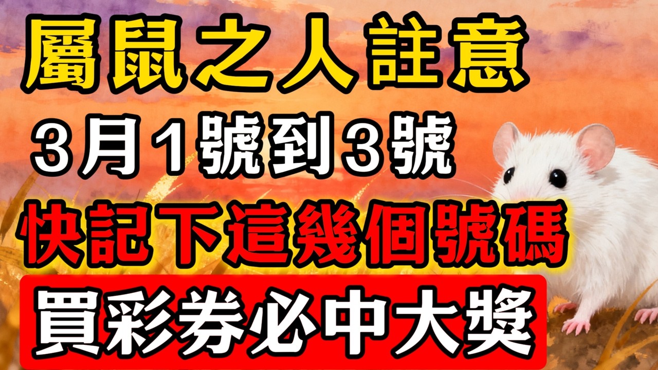 屬鼠之人註意！2026年3月1號到3號，偏財號碼千萬別錯過，快記下這幾個號碼！買彩券必中大獎！財運一飛沖天！#生肖心境#屬相運勢#生肖#家運#生肖運勢的那些事#先知#風水變化#提升運勢