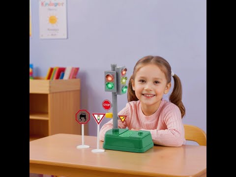 Інтерактивний світлофор розвивальна іграшка дитячий ігровий набір дорожні знаки картки ПДР світло укр озвучка, видео 1