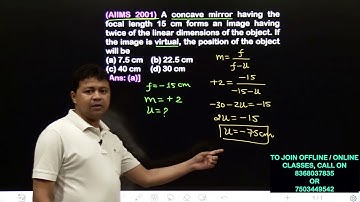 A concave mirror having the focal length 15 cm forms an image having twice of the linear dimensions