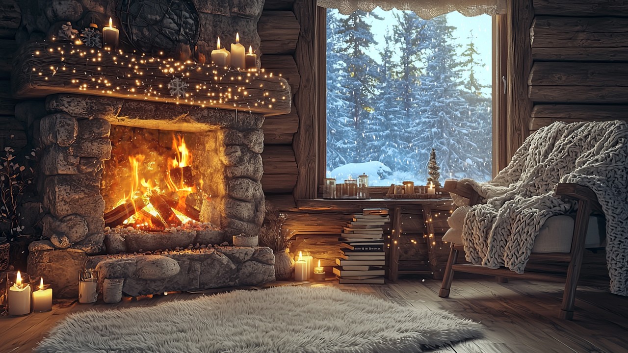 Winter Snow Lounge Ambience | Soft Piano & Cozy Fireplace Sounds for Focus & Deep Sleep