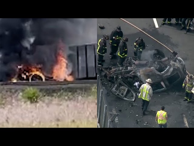 Driver killed in fiery Boston crash as car hits barrier, plunges 40 feet class=