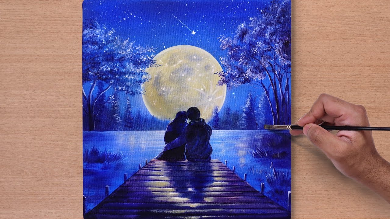 How to Draw a Couple Under the Moonlight / Acrylic Painting for Beginners / STEP BY STEP #21