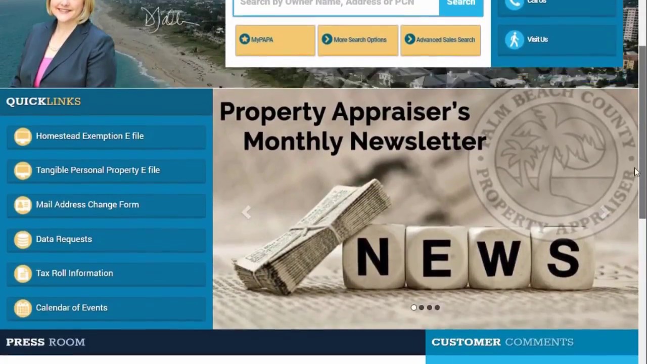 PBC Property Appraiser's Office PAPA site Navigation Bar YouTube