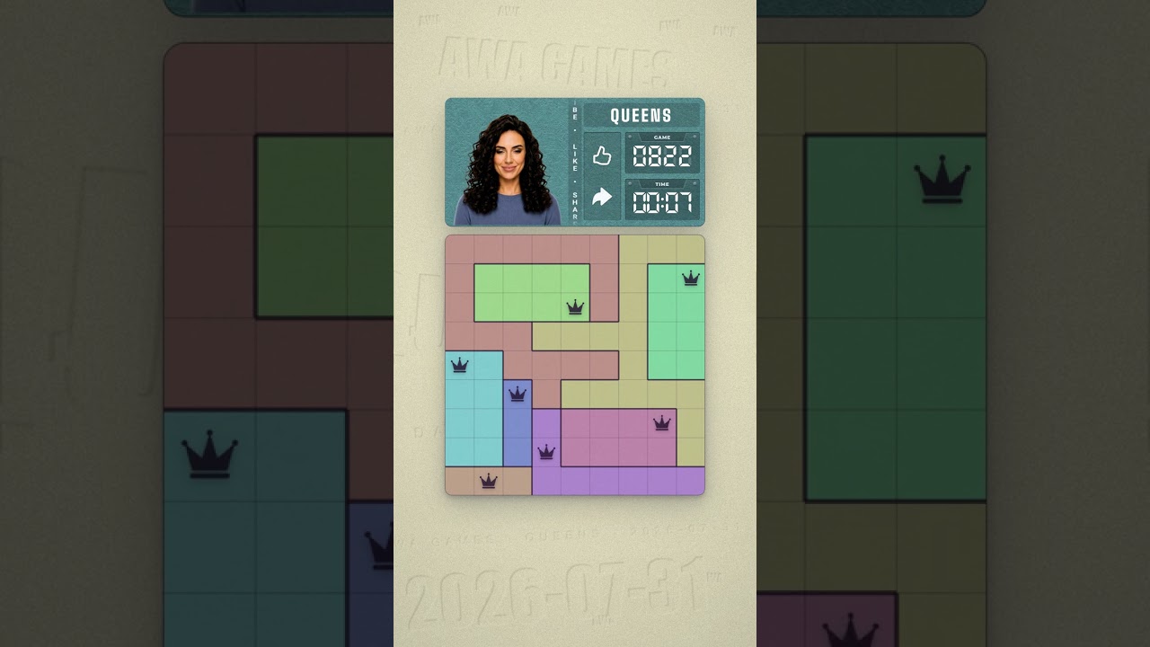 LinkedIn Queens #822 solved board for July 31, 2026, 9x9 grid