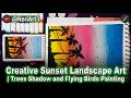Creative Sunset Landscape Art | Trees Shadow and Flying Birds Painting