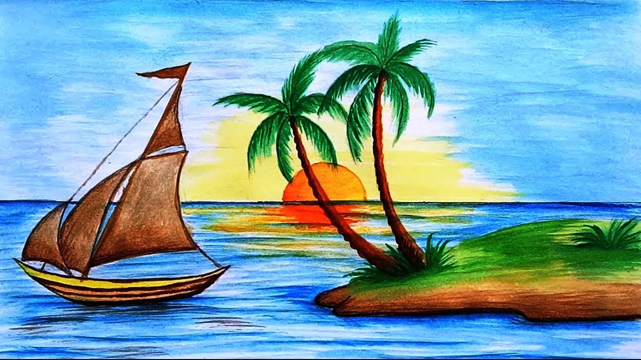 Beautiful River Scenery Drawing With Boat And Sunrise | Easy Step By