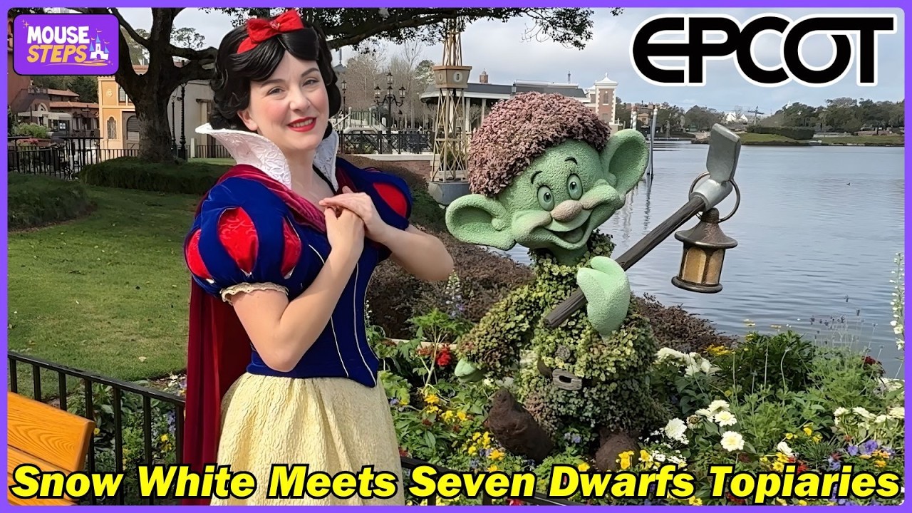 Snow White Admires Topiaries of Snow White & Seven Dwarfs Ahead of EPCOT Flower & Garden Festival