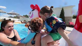 FAMiLY POOL PARTY!!  Adley & Niko Water Slide on inflatable Animals! Swimming in new AforAdley merch