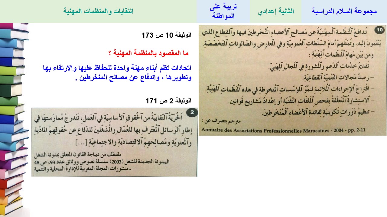 النقابات والمنظمات المهنية - تربية على المواطنة - الثانية ثانوي إعدادي