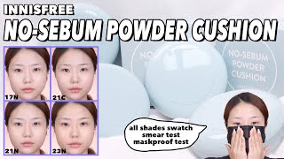 innisfree NO-SEBUM POWDER CUSHION [ Laneige comparison ] swatch / smear, maskproof / long lasting
