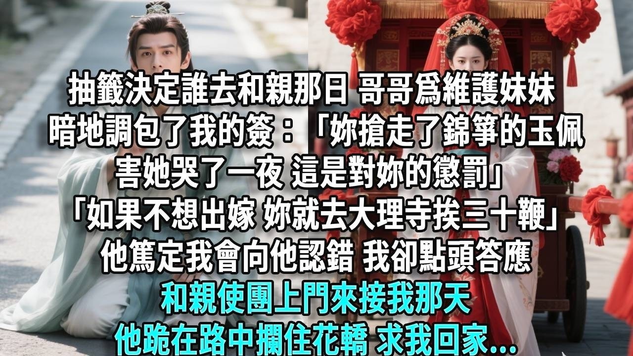抽籤決定誰去和親那日，哥哥為維護妹妹，暗地調包了我的簽：「你搶走了錦箏的玉佩害她哭了一夜，這是對你的懲罰。」「如果不想出嫁，你就去大理寺挨三十鞭。」他篤定我會向他認錯，我卻點頭答應。和親使團上門