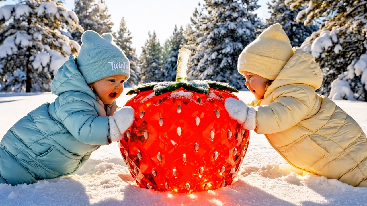 Twin babies playing with giant fruits in the snow