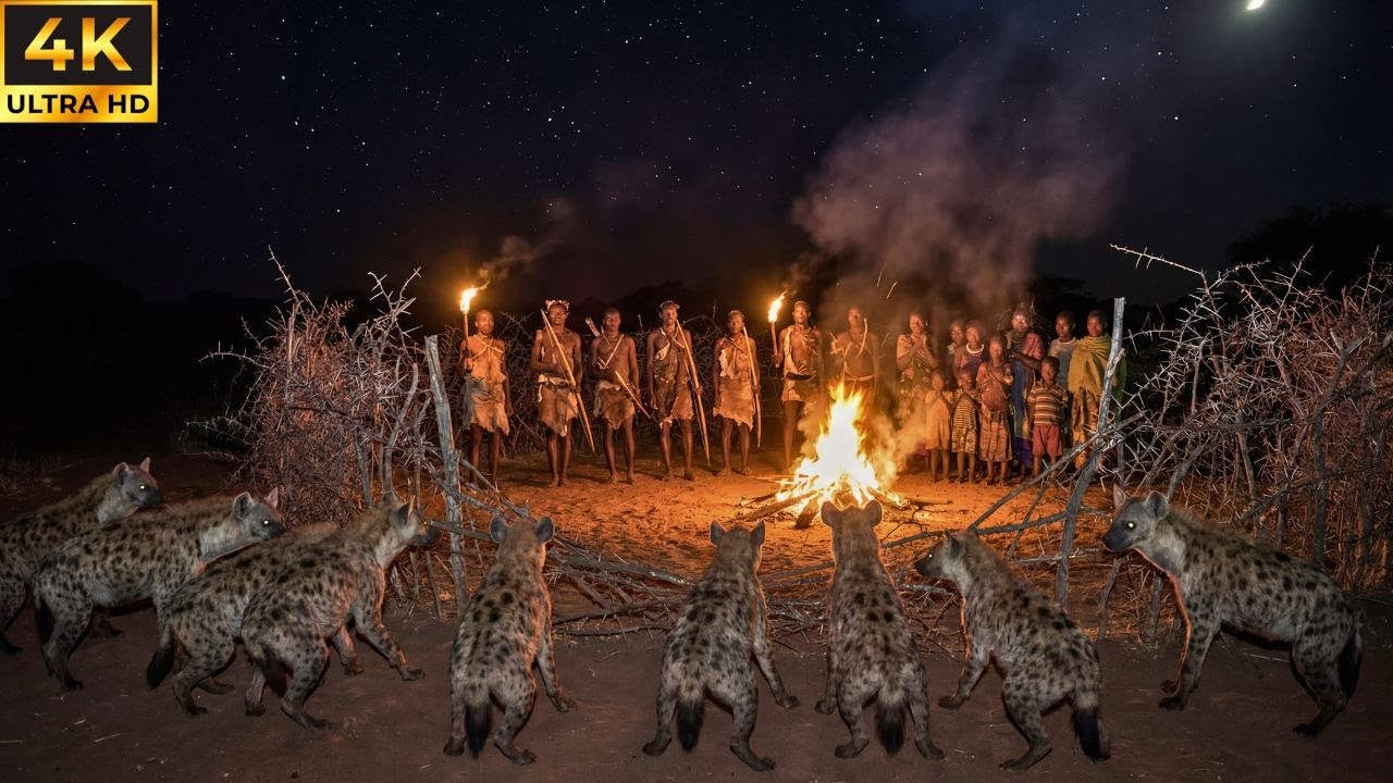Как охотники хадзабе защищают деревню от стаи гиен ночью?