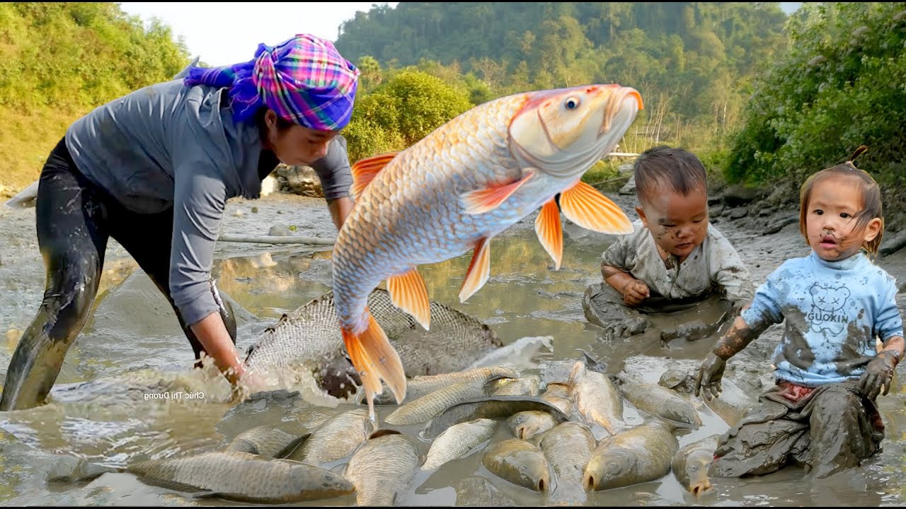 Epic Rainy Day Fishing! Huge Pond Fish Harvest to Sell at Market & Cook for My Daughter