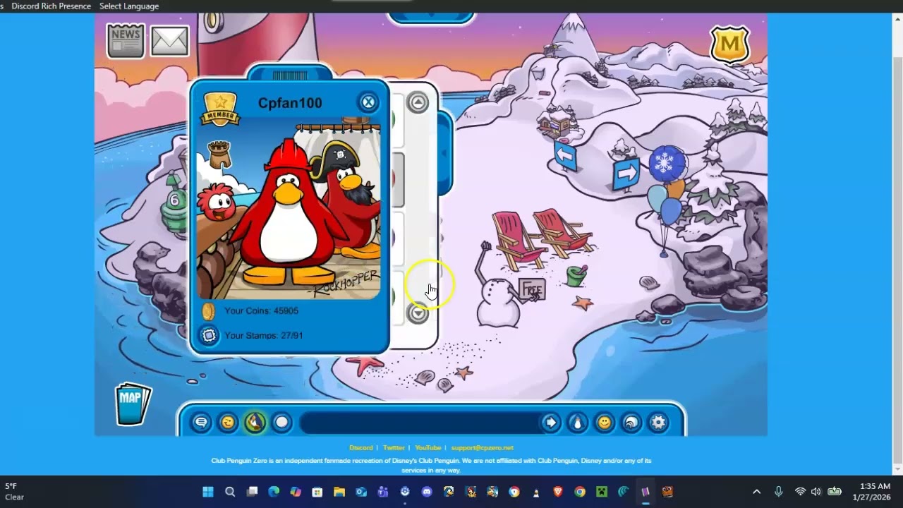 Club penguin zero  winter party items + Red Snow Shovel Pin Jan 25//27 2026