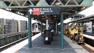 R188 #7817-#7818 arriving at & leaving Woodside - 61st Street [next to R120 locomotive #899]