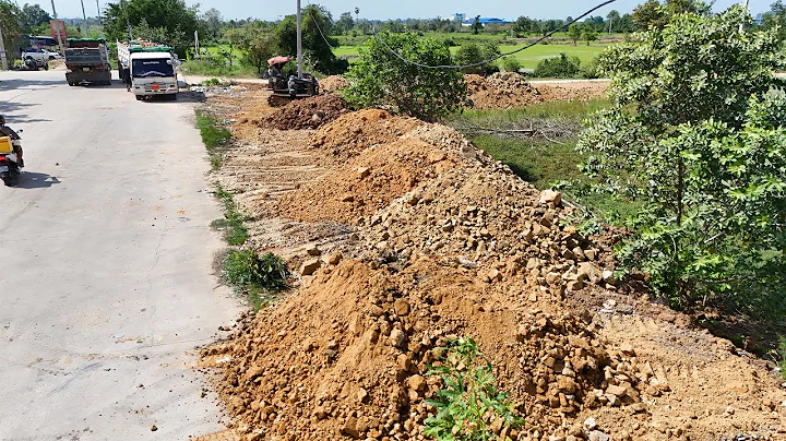 Land Filling Operation! Skilled Driver in Action with Bulldozer & Dump Trucks Moving Stone & Soil